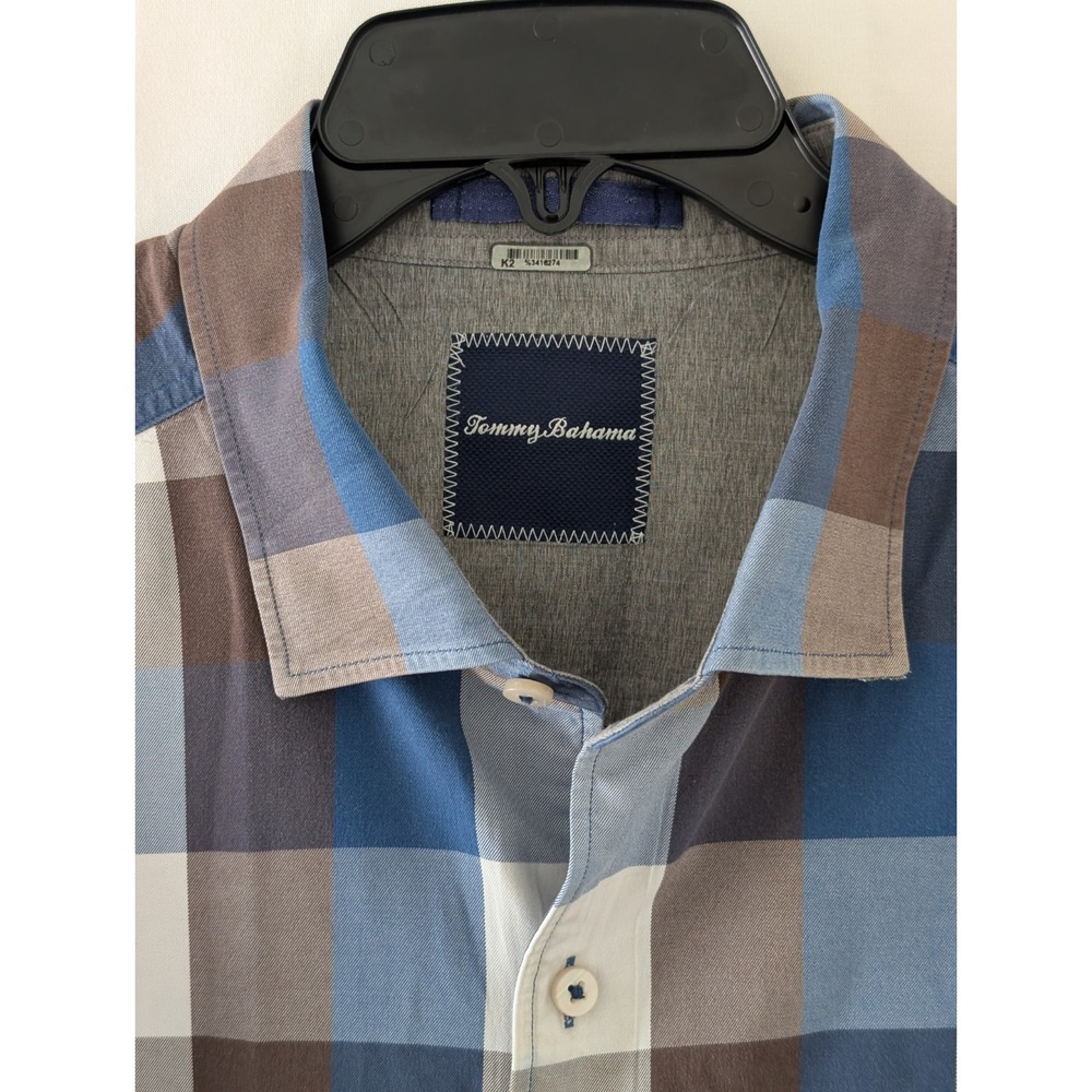 Tommy Bahama Shirt Button Up Buffalo Check Plaid Blue + Brown Mens XXL 2XL
